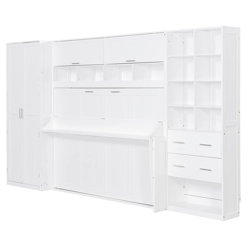 Full Size Murphy Bed Wall Bed with Closet, Drawers and Shelves, White