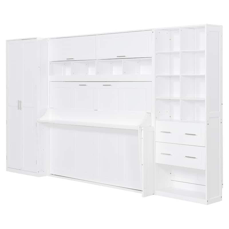 Large Wall Cabinet Storage Murphy Bed Convertible Study Table with Side Bookcase, Closet, Flip Top Storage Cabinet and Drawers