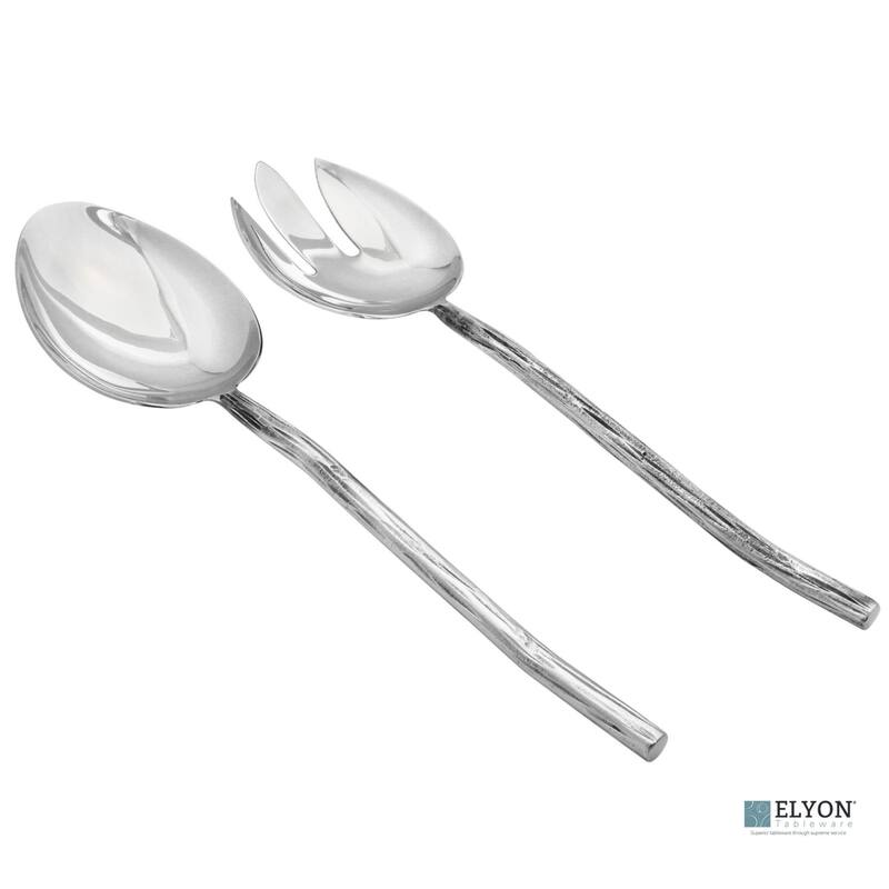 Elyon Twig Reflective Silver Salad Serving Set Indian Artisan-Made Hostess Set Hand-Forged Stainless Steel 2 Pieces