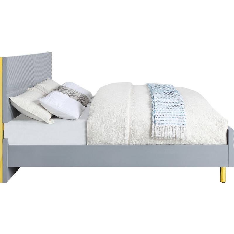 Tyra Modern Queen Bed, Panel Headboard, Textured Chevron, Slate Gray, Gold