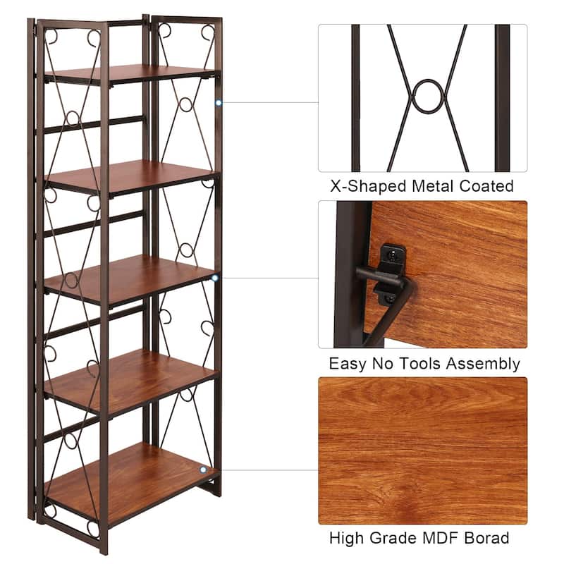 VECELO Bookshelf, 5 Shelf Folding Bookcase No Assembly, Industrial Metal Frame Shelves Rack Organizer for Living Room, Office