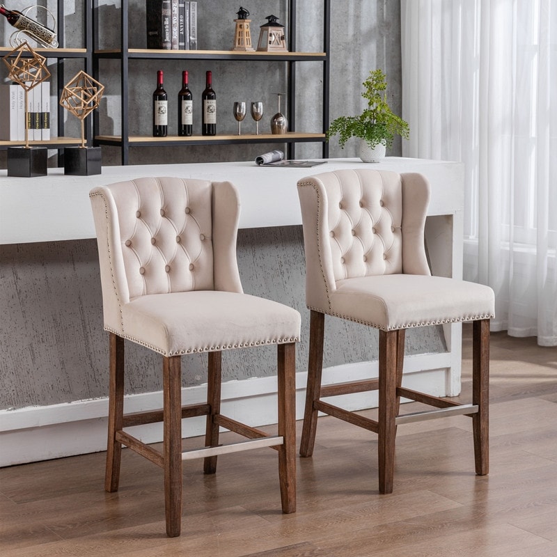 Upholstered Bar Stools with Wingback and Nailhead-Trim,Beige Set