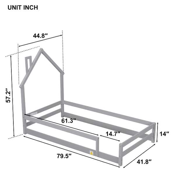 dimension image slide 1 of 3, Wood Bed with House-Shaped Headboard Floor Bed with Fences
