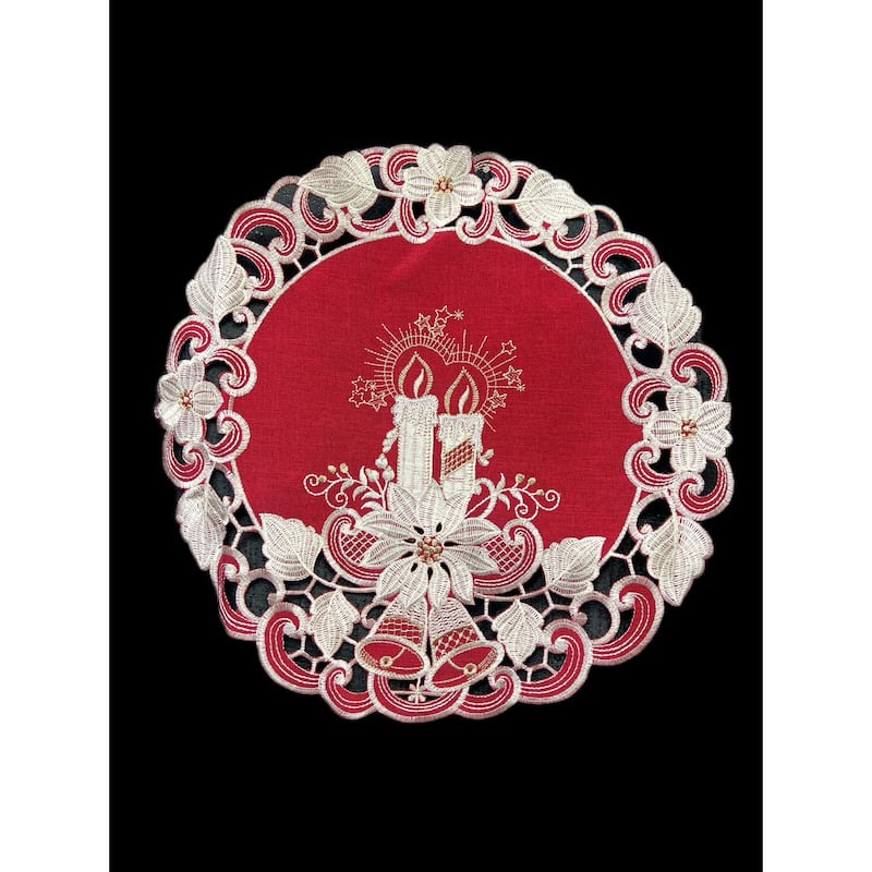 Poinsettia Embroidered Cutwork Round Placemat, 15-Inch diameter