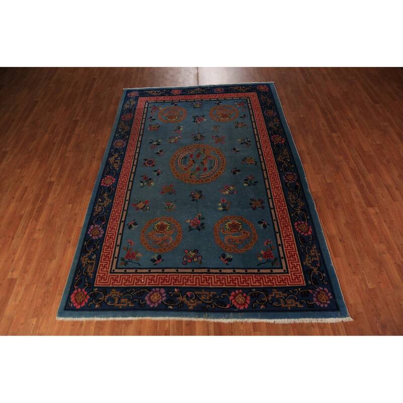 Vegetable Dye Blue Art Deco Chinese Vintage Handmade Wool Carpet - 6'5" x 9'7"