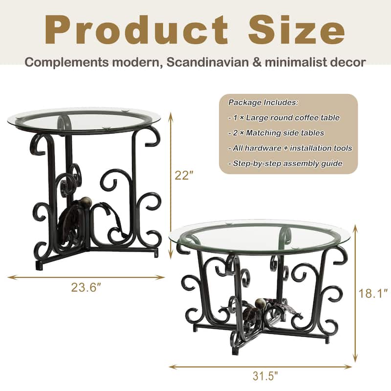 3-Piece Coffee Table Set,Tempered Glass Surface with Sturdy Metal Frame-Modern Living Room Sets(1 Coffee Table + 2 End Tables)