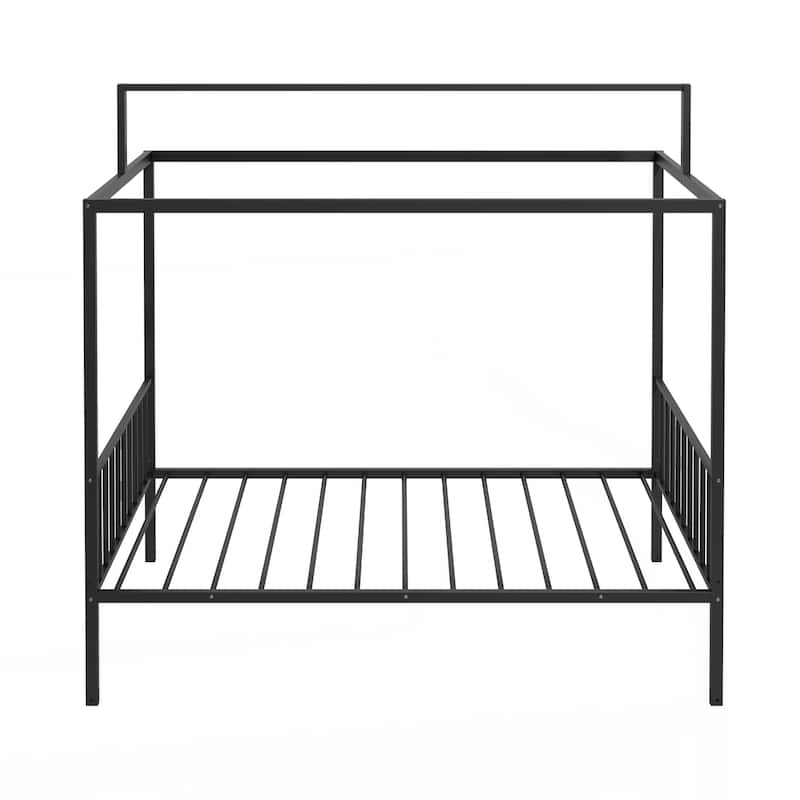 3-in-1 Convertible Montessori Metal floor bed,Fenced toddler bed with Sturdy Metal Slats Support
