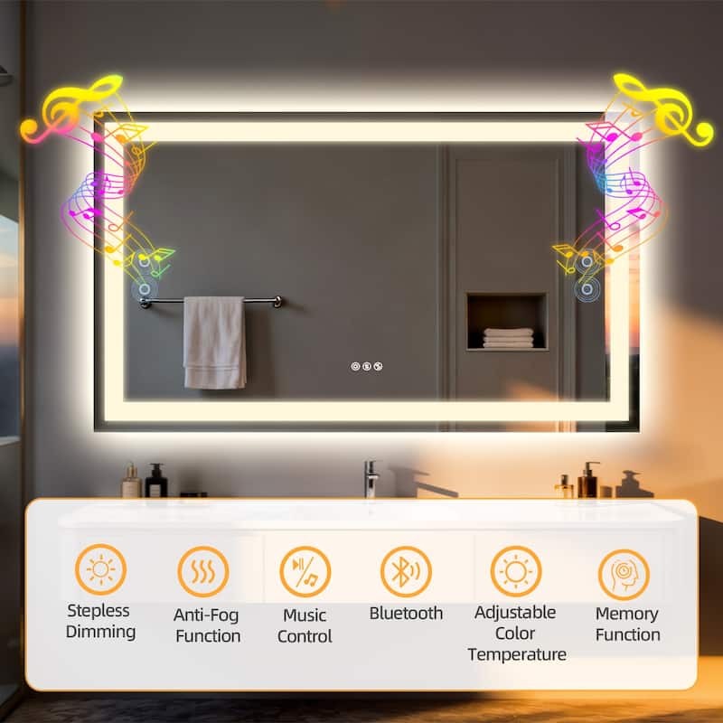 Rectangle Illuminated Bluetooth Bathroom Smart Tempered Glass Vanity Mirror with Double NdFeB Speakers