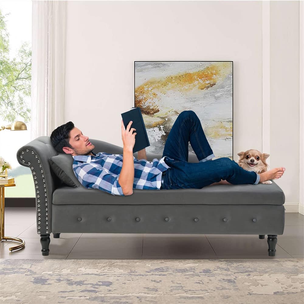 60"W Velvet Tufted Chaise Lounge, Storage Chaise Sofa, Solid Wood Leg - 25"D x 60"W x 27"H