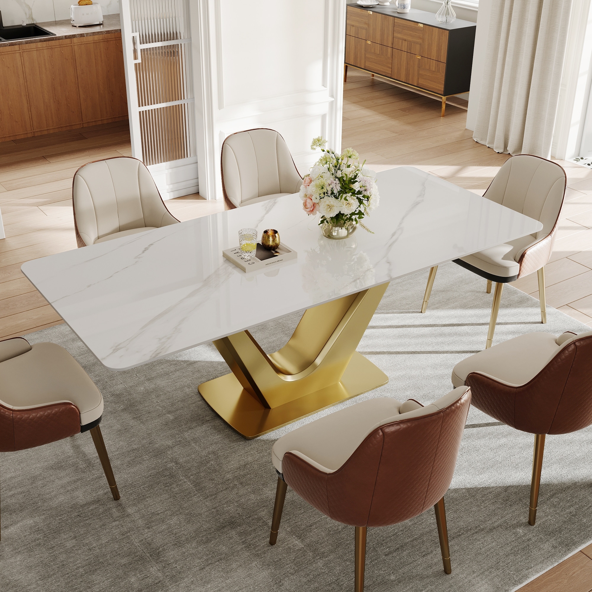 71'' Modern Rectangular Dining Table for 6, White Glossy Sintered Stone top with Gold Stainless Steel Legs