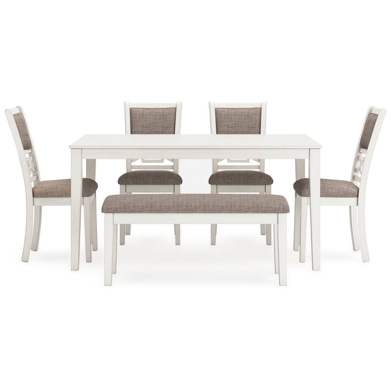 Berg 6pc Dining Table Set, Gray White Wood, 4 Chairs and 1 Bench