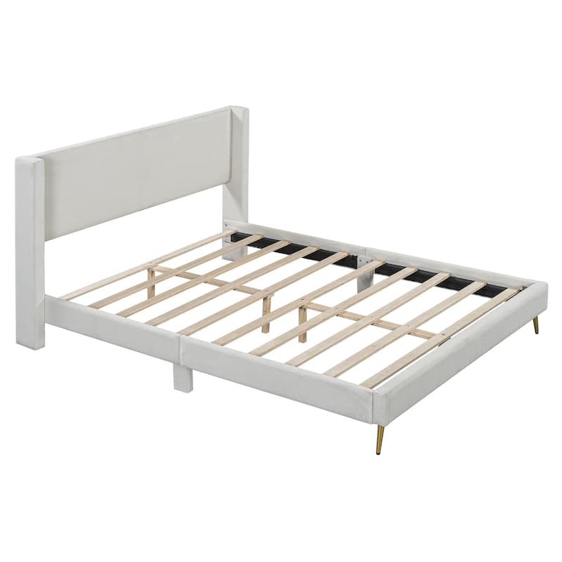 Beige Queen Size Corduroy Platform Bed with Tufted Upholstered Headboard and Metal Legs