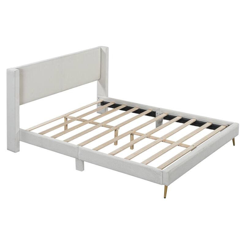 Queen Size Corduroy Platform Bed with Tufted Upholstered Headboard and Metal Legs
