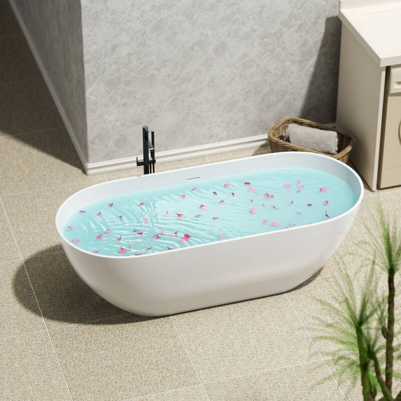 63" Matte White Freestanding Solid Surface Bathtub - Matte White