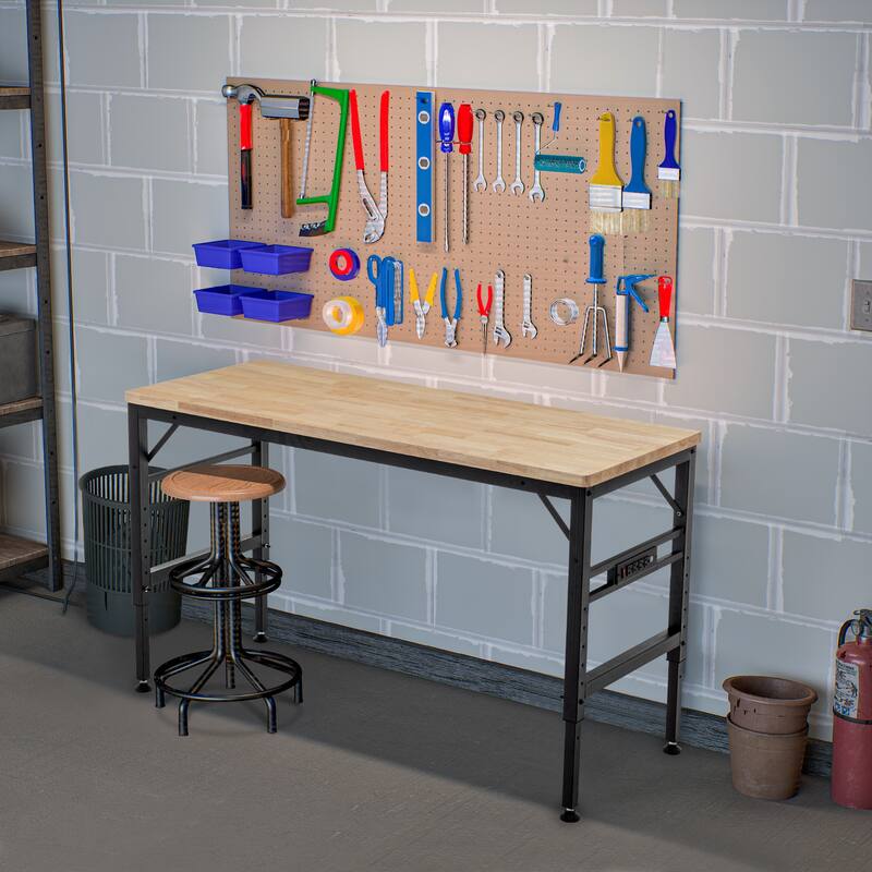 Adjustable Height Workbench, 60" Rubber Wood Top Heavy duty Workstation with Power Outlets
