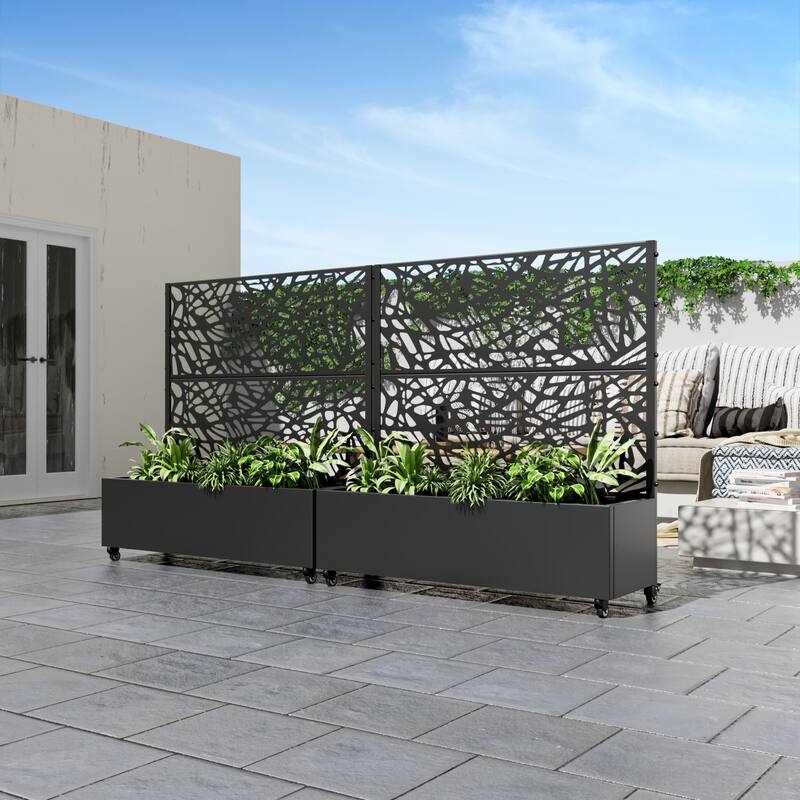 Metal Movable Planter Box with Trellis Privacy Screen Planter Box with Lockable Wheels