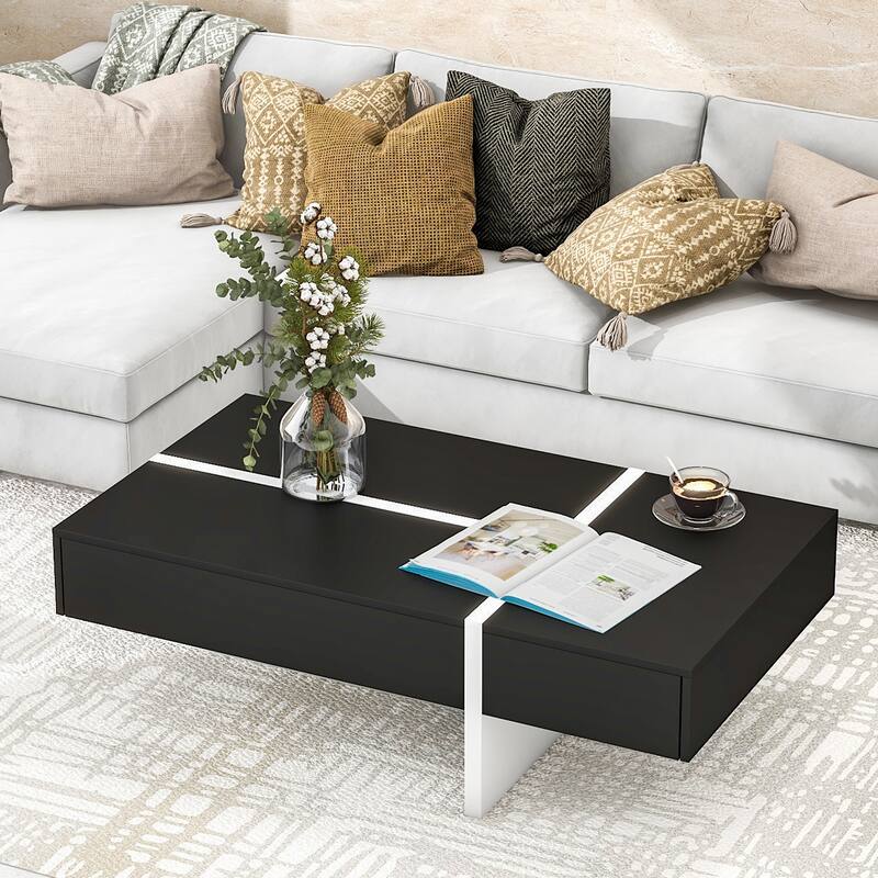 Coffee Table with Storage Drawers, Modern High Gloss Surface Cocktail Table, Center Table for Sofa or Upholstered Chairs - Black