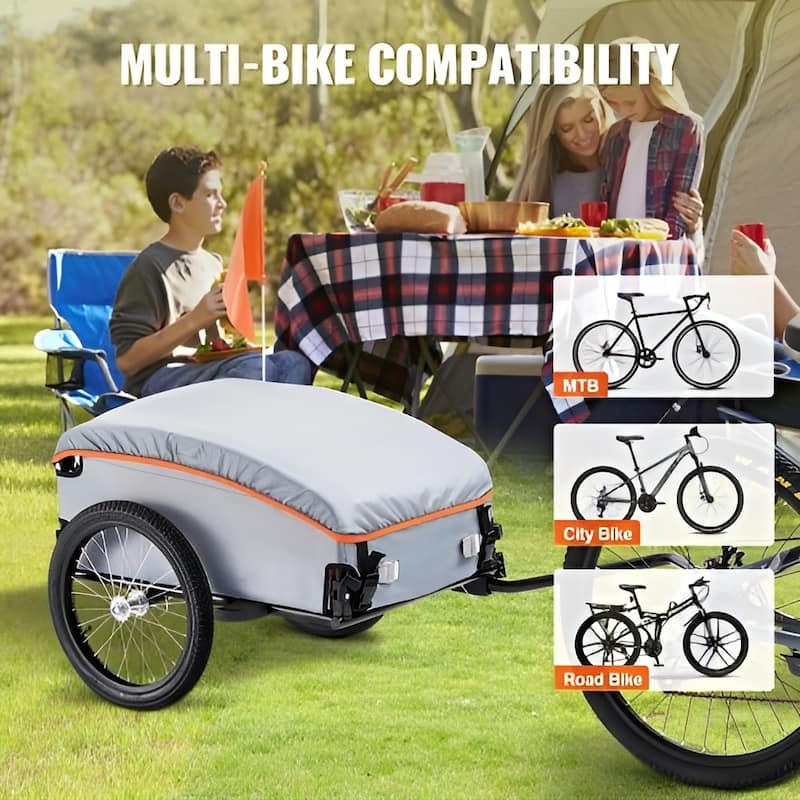 Grey Steel Bike Cargo Trailer, 100lb Load, Foldable and Rain Cover - 53.15” L x 24.80” W x 20.67” H