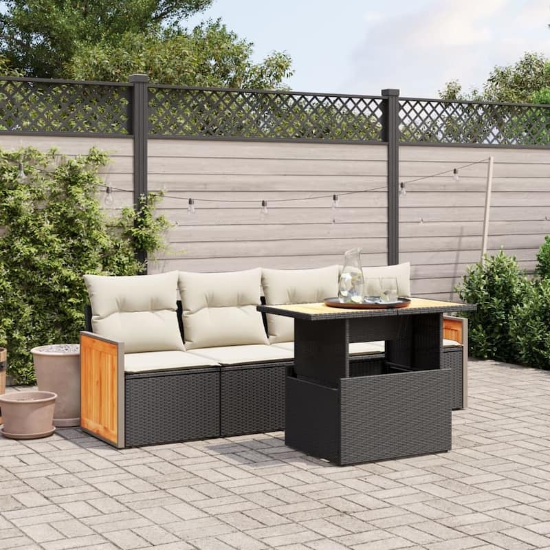 vidaXL Patio Sofa Set with Cushions Outdoor Furniture 5 Piece Poly Rattan - Black and cream without storage - 21.7 x 39.4 x 28.7 in