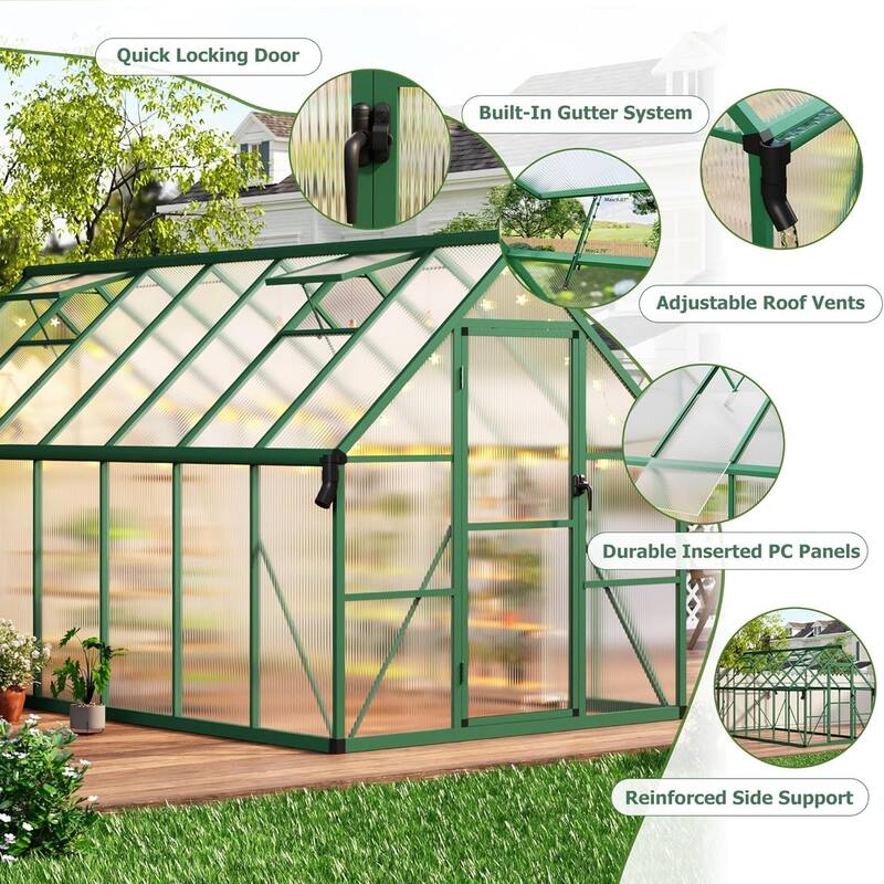 8x14 FT Outdoor Greenhouse, Polycarbonate Greenhouse with Roof Vent and Ground Nails, Green - 8*14FT