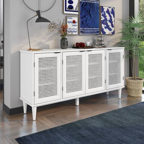White Storage Sideboard Console Table with Rattan Door