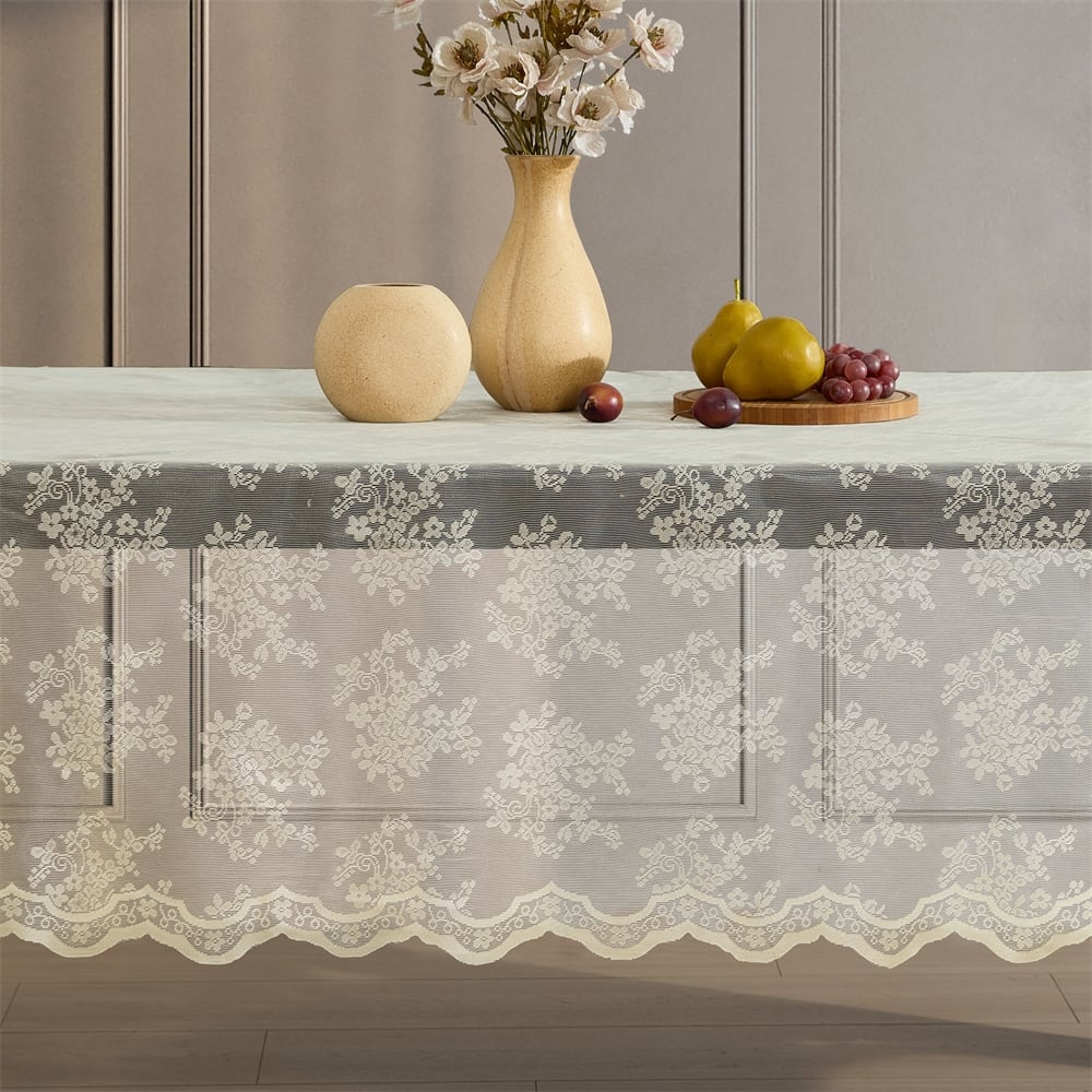 HLC.ME Jolene Floral Lace Fabric Round Rectangle Tablecloth, Wrinkle Resistant Table cloth, Patterned Scalloped Tablecloth