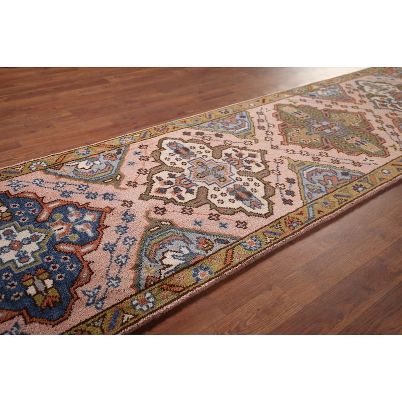 Pink Geometric Kazak Oriental Runner Rug Hand-Knotted Wool Carpet - 2'6"x 9'11"