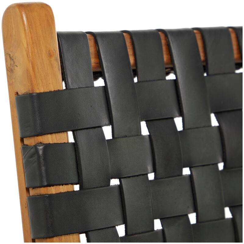 Brown, Black, White Leather Handmade Woven Kitchen Dining Chair with Teak Wood Frame