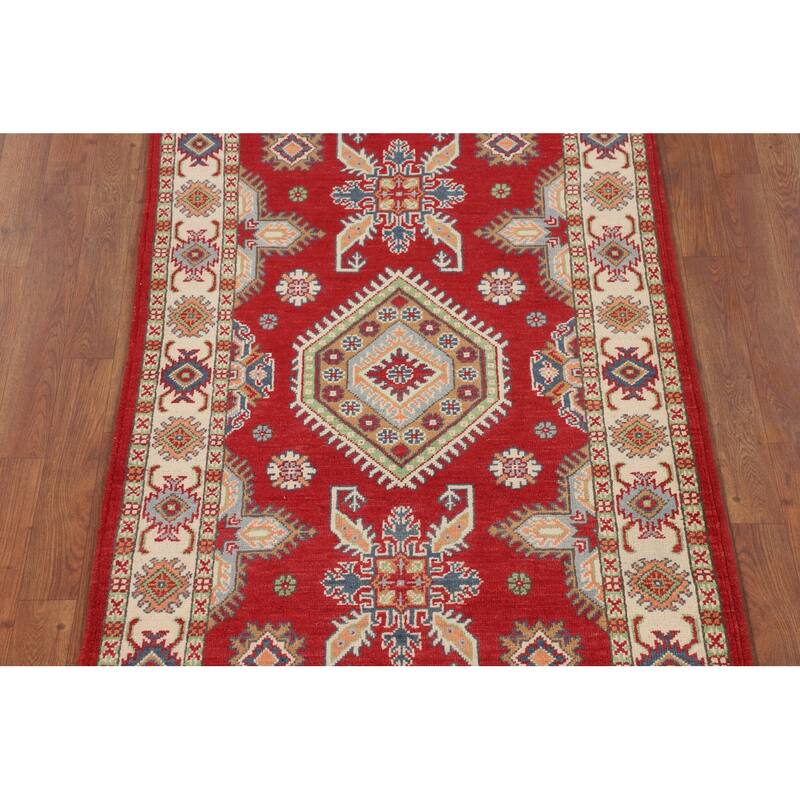 Geometric Red Kazak Accent Rug Handmade Wool Carpet - 3'2" x 5'1"