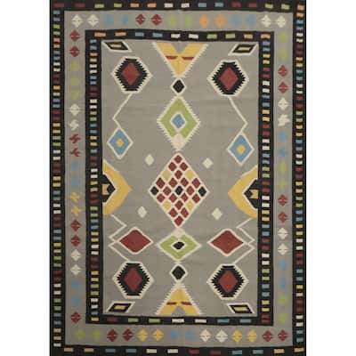 Hand Woven Oriental 100% Wool Carpet Southwestern Tribal Greys & Charcoal Kilim Area Rug - 10' 0'' X 8' 5''