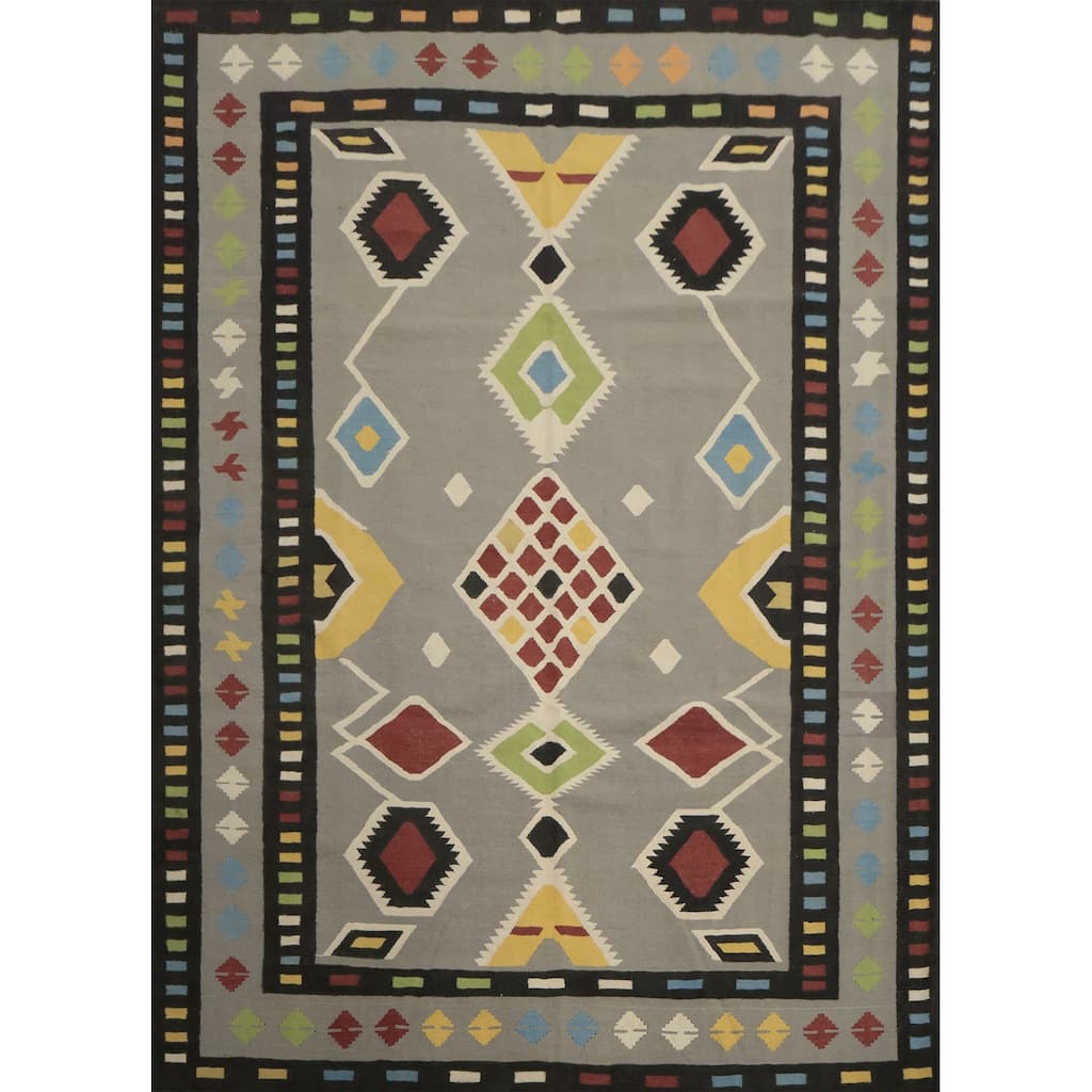 Hand Woven Oriental 100% Wool Carpet Southwestern Tribal Greys & Charcoal Kilim Area Rug - 10' 0'' X 8' 5''