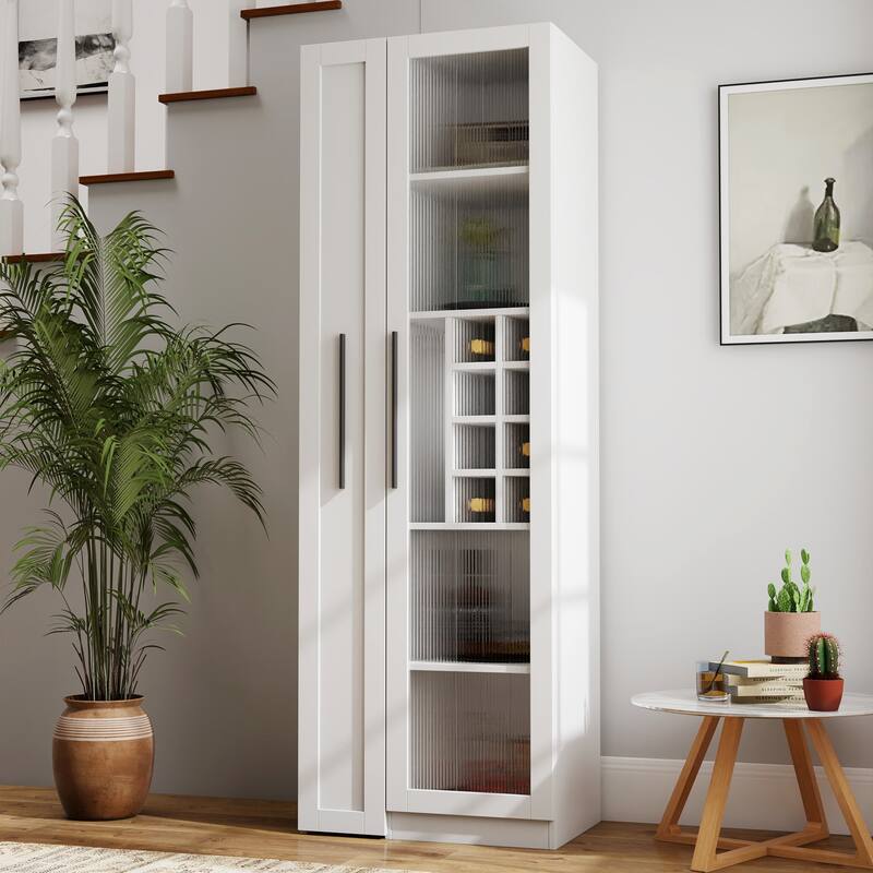 Roomfitters White Kitchen Pantry Cabinet with Glass Doors, Pull-Out Multi-Tier Shelf, and Wine Storage Rack