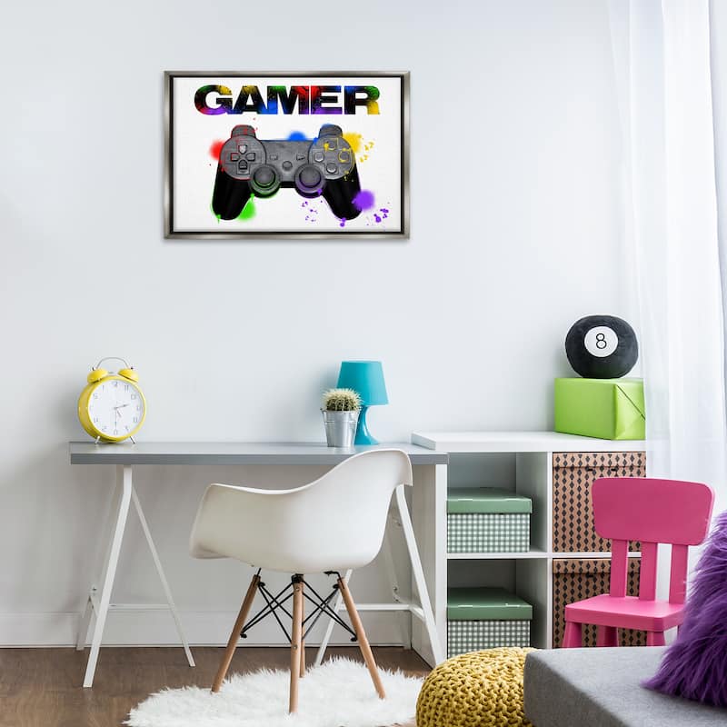 Stupell Gamer with Rainbow Splashes Framed Floater Canvas Wall Art Design By Marcus Prime