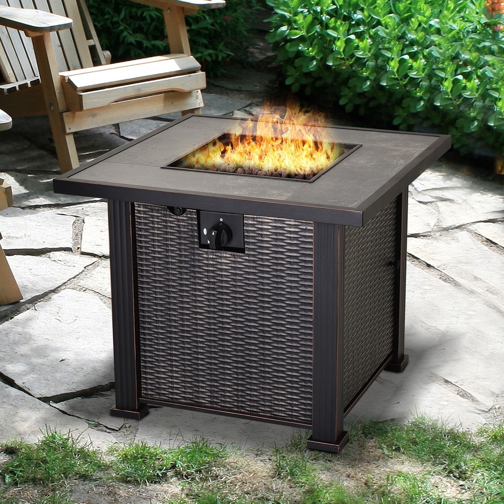 Aosomoutsunny 30 50 000 Btu Outdoor Patio Backyard Gas Fire Pit Table With Beautiful Slate Tabletop Wicker Design Black Dailymail