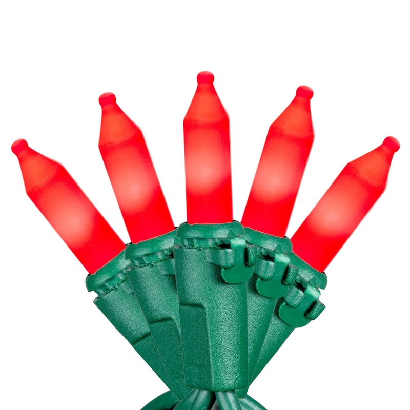 50 Light Traditional LED Christmas Mini Light Set, Patio Lights, Ceramic Bulbs, Green Wire, 25’ - Red