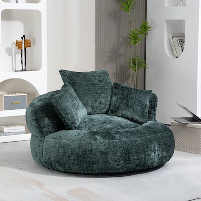 Chenille Oval Bean Bag Chair, Memory Foam Filling Lazy Sofa, Adults Lounge Chair with 3 Pillows & Semi-Wraparound Armrests