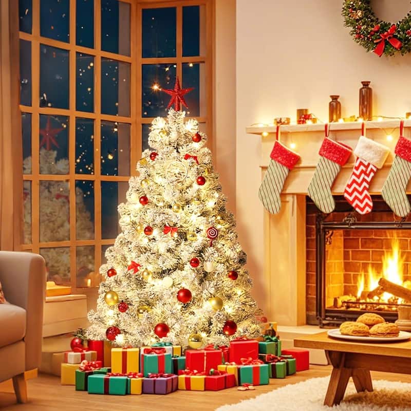 6FT Flocked Artificial Christmas Tree, Prelit with 250 Lights, 8 Light Modes, Easy On/Off Foot Pedal, Foldable Stand