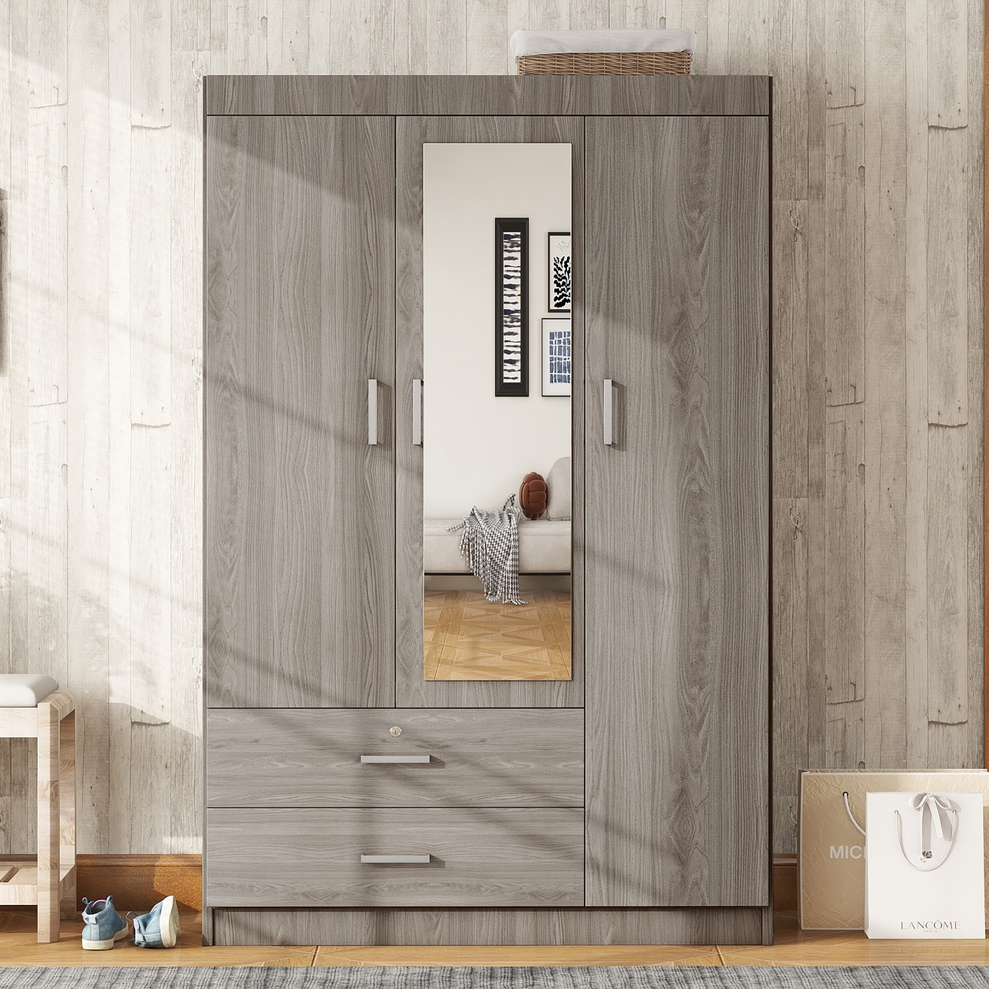 3-Door Mirror Wardrobe with shelves, Storage Cabinet - Bed 3-Door Mirror Wardrobe with shelves, Storage Cabinet - Bed
