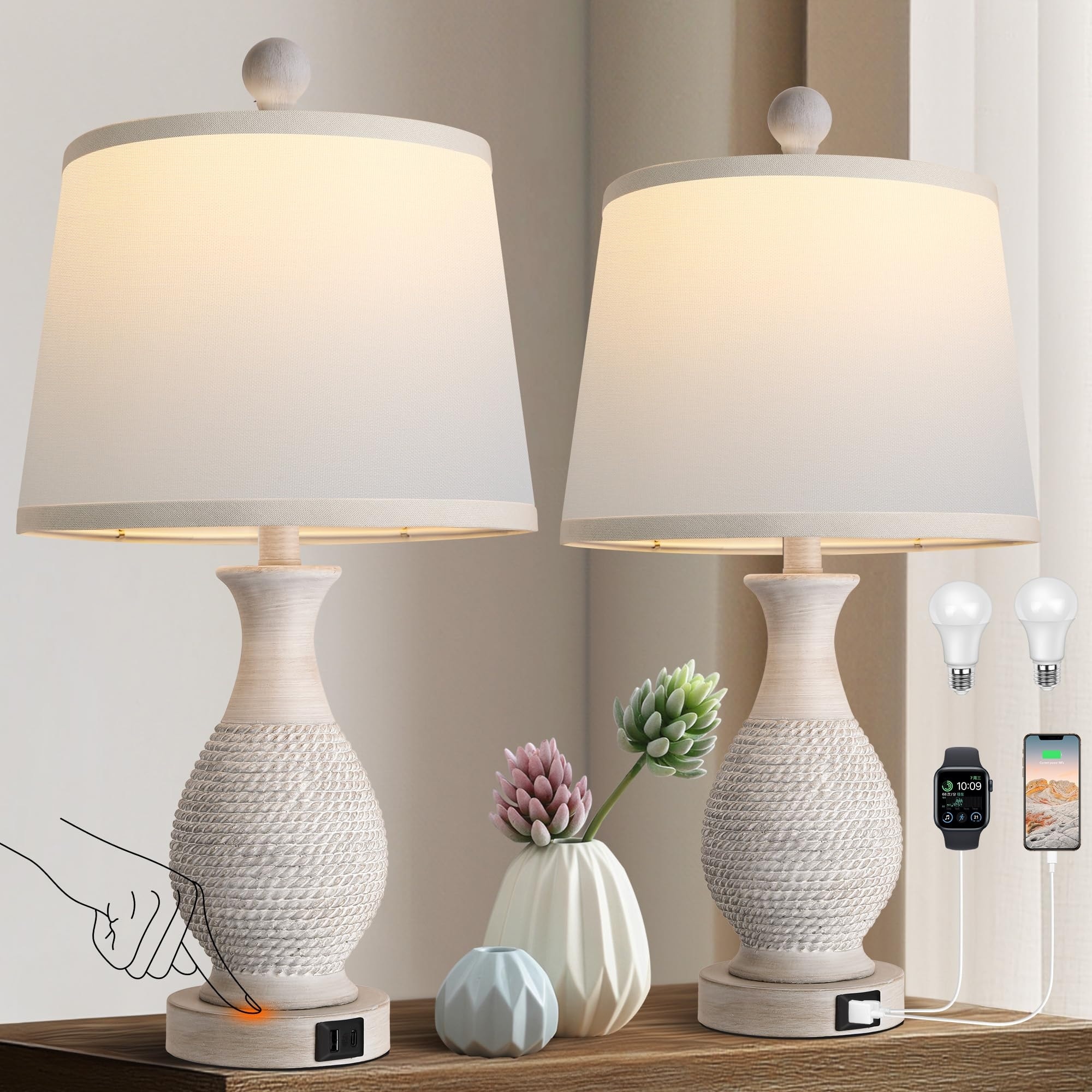 Table Lamps Set of 2, Bedside Touch Lamp with USB C+A Charging Ports, Rustic Farmhouse Table Lamps with White Fabric Shade Grey