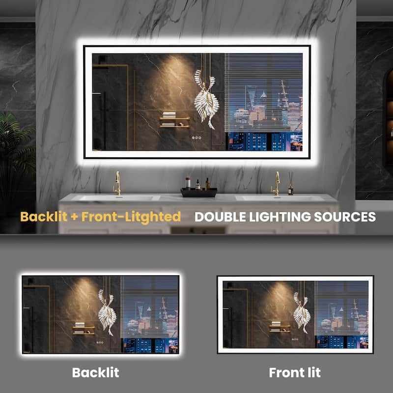 72x36 Inch Frameless LED Bathroom Mirror Smart Dimmable Anti Fog Tempered Glass White