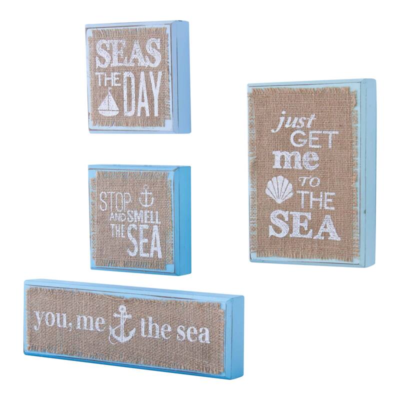 Mud Pie Blue Sea Wooden Block Plaques Set of 4 Natural Burlap Tier Tray Tabletop