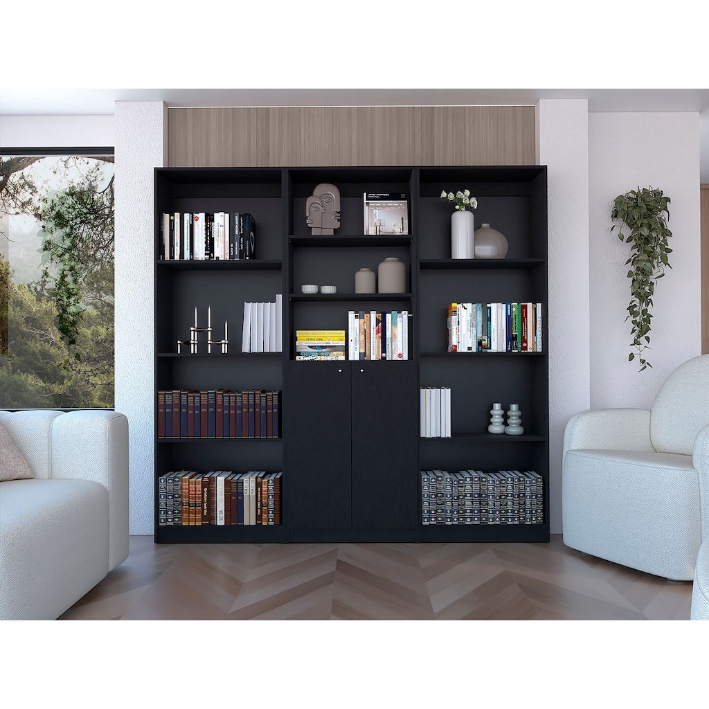 FM FURNITURE Munds 3 Piece Living Room Set with 2 Sutton Bookcase + Sutton 4 Shelves Bookcase, Black