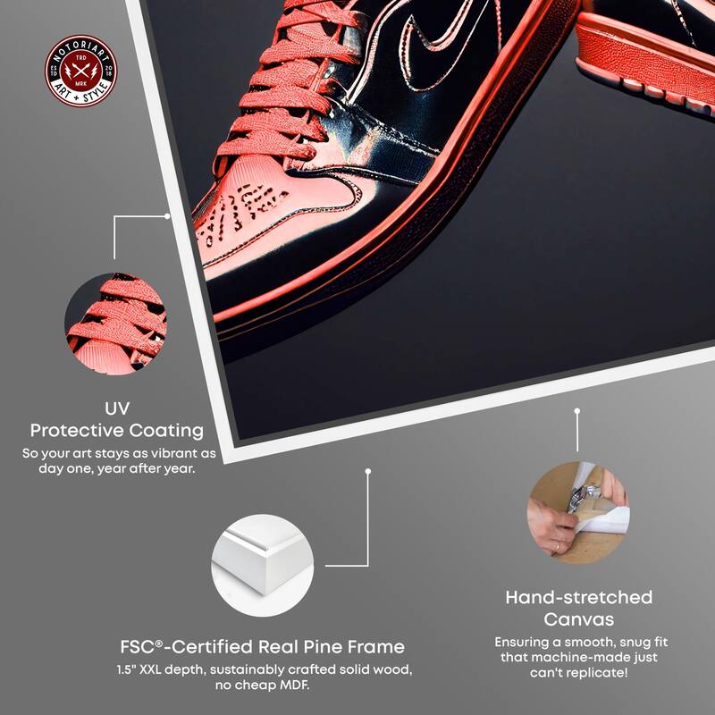 Notoriart Red Sneakers On Display Framed Sneaker 1 Piece Canvas Wall Art