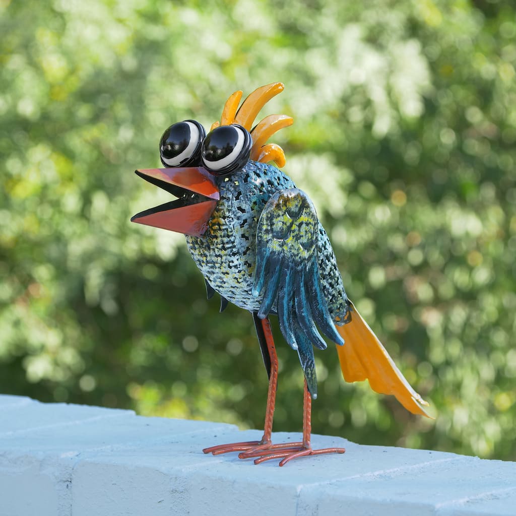 Alpine Corporation 11" Tall Outdoor Metal Wide-Eyed Bird Statue Colorful Indoor/Outdoor Animal Decor