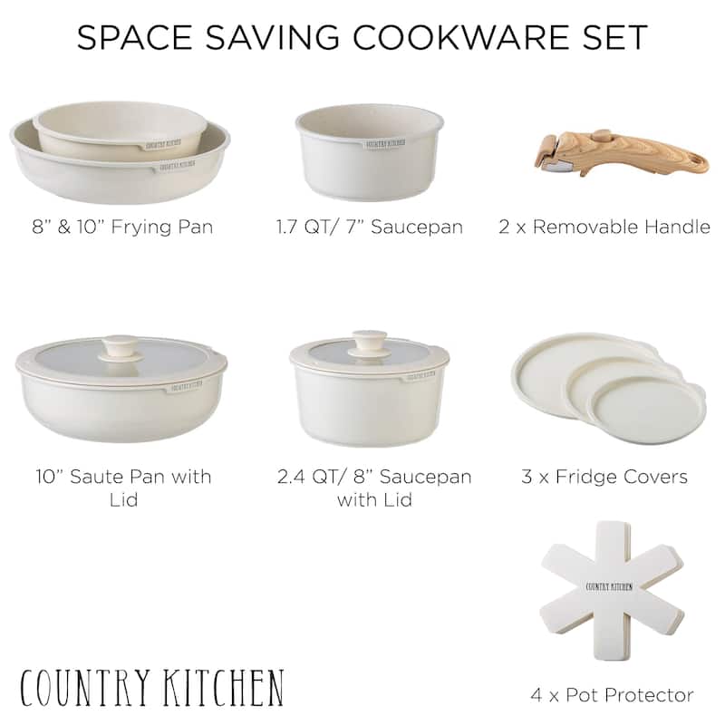 Country Kitchen 16 Piece RV Cookware Set Ceramic with Removable Handle Oven Safe.