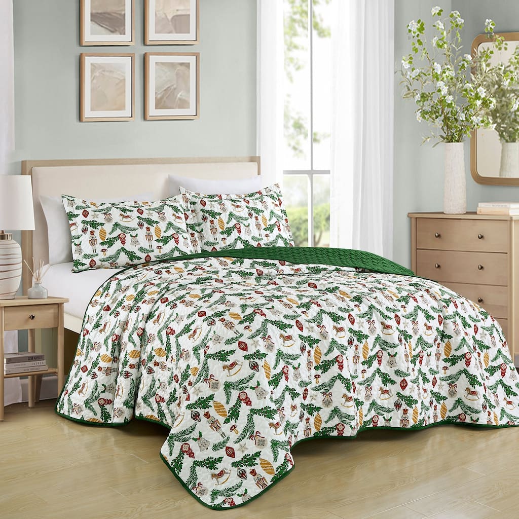 3 Pcs Christmas Evergreen Print Bedspread Set