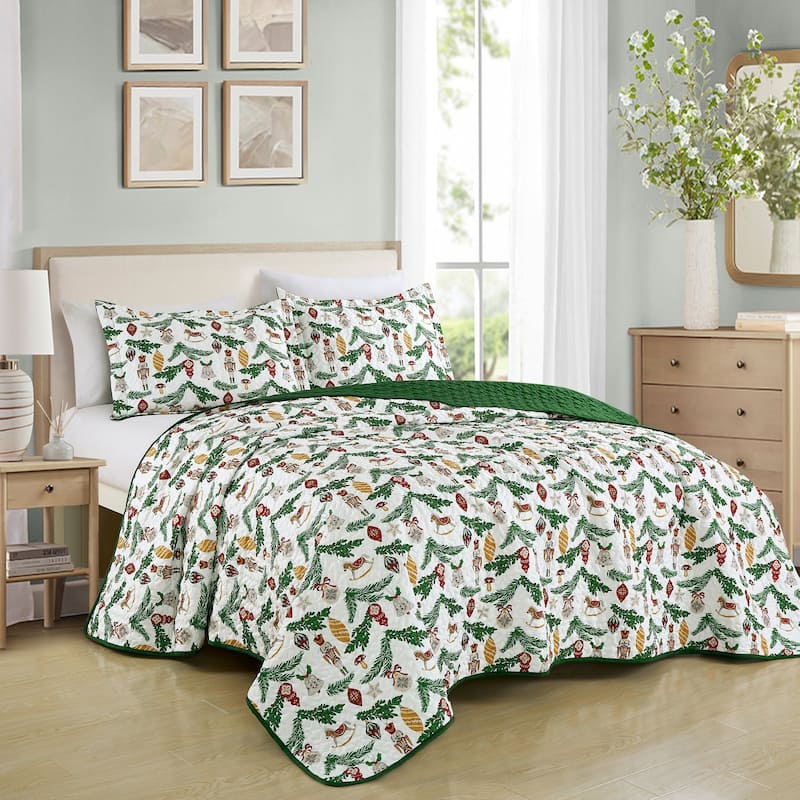 3 Pcs Christmas Evergreen Print Bedspread Set - Evergreen - Queen