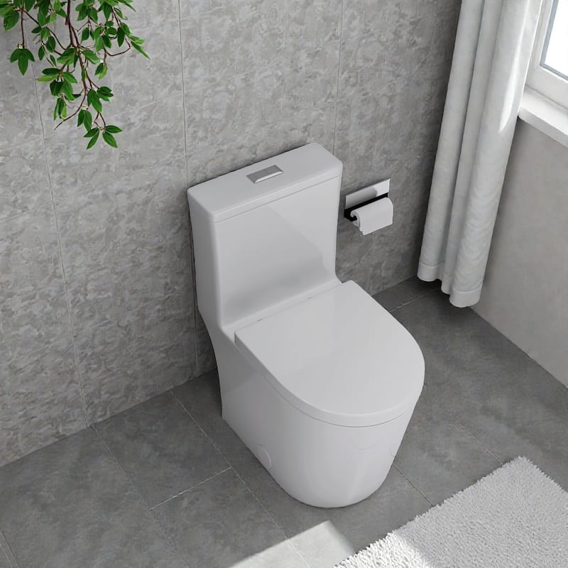 Compact One Piece Toilet Dual Flush 0.8 1.6 GPF. 23 Inch Short Depth. Space Saving Toilet for Small Bath