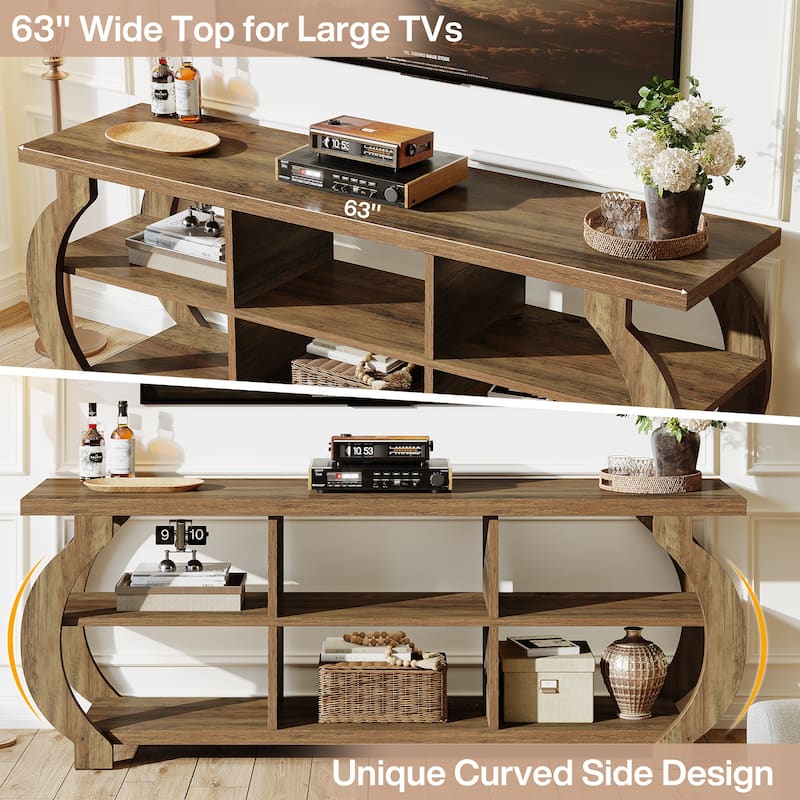 63" Farmhouse TV Stand, Media TV Console with Storage Shelves