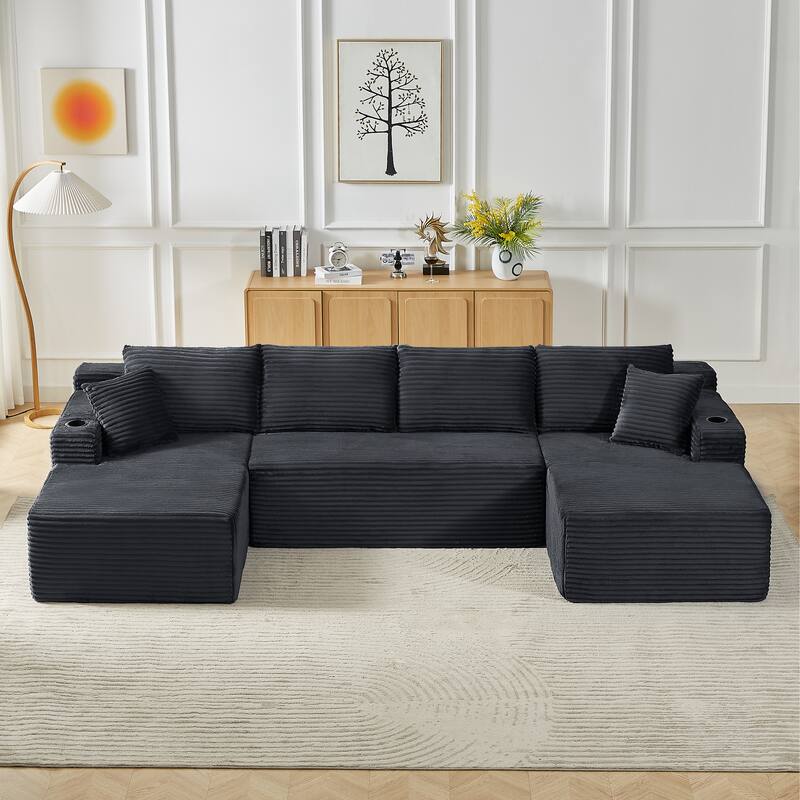 Corduroy Upholstery Cloud Modular Sectional Sofa with Chaise and Pillows, All-Foam Compression Design